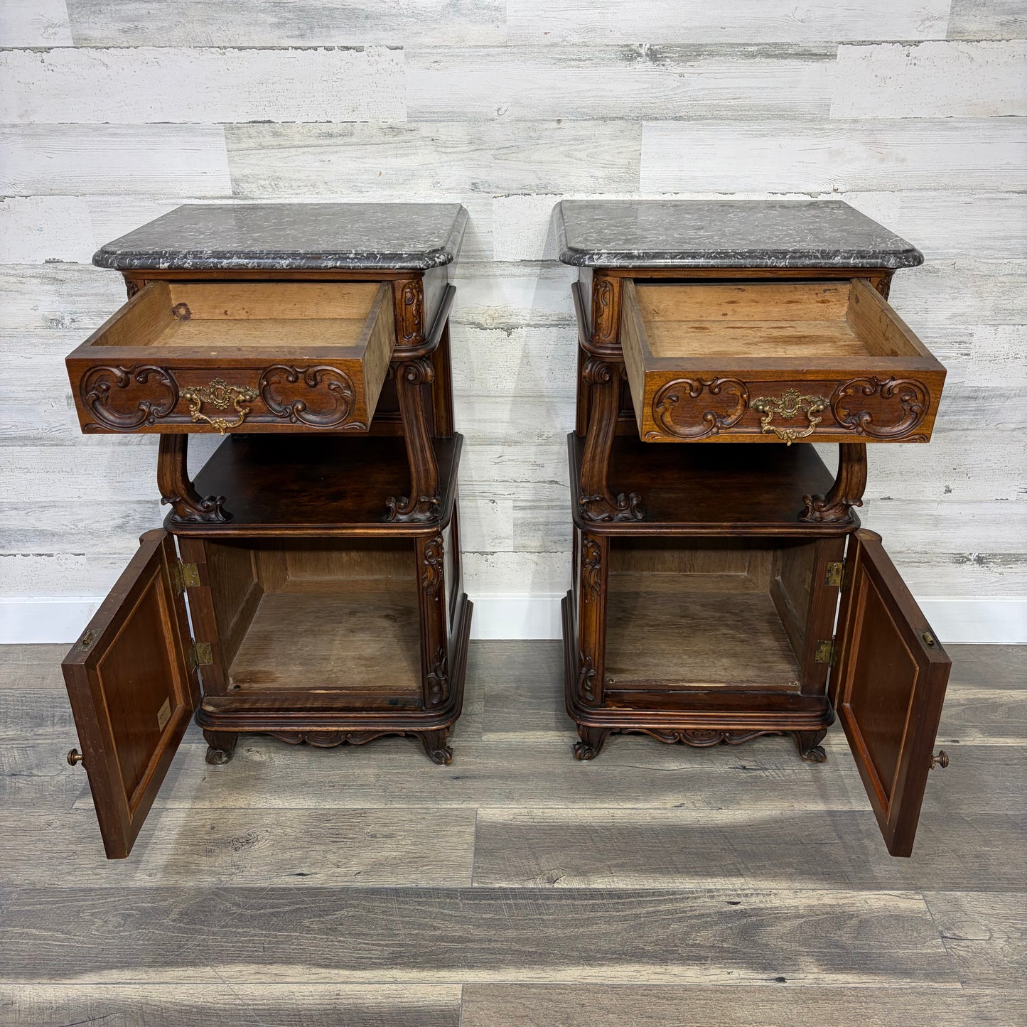 Antique French Marble Top Nightstands Set Of 2