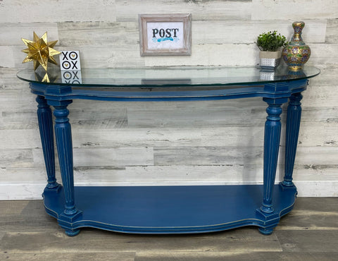 Navy Blue Sofa Table W/ Glass Top