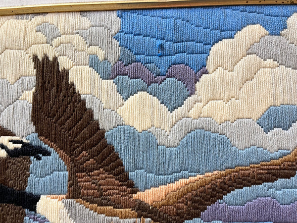 Vintage “Geese In Flight” Embroidered Art In Frame