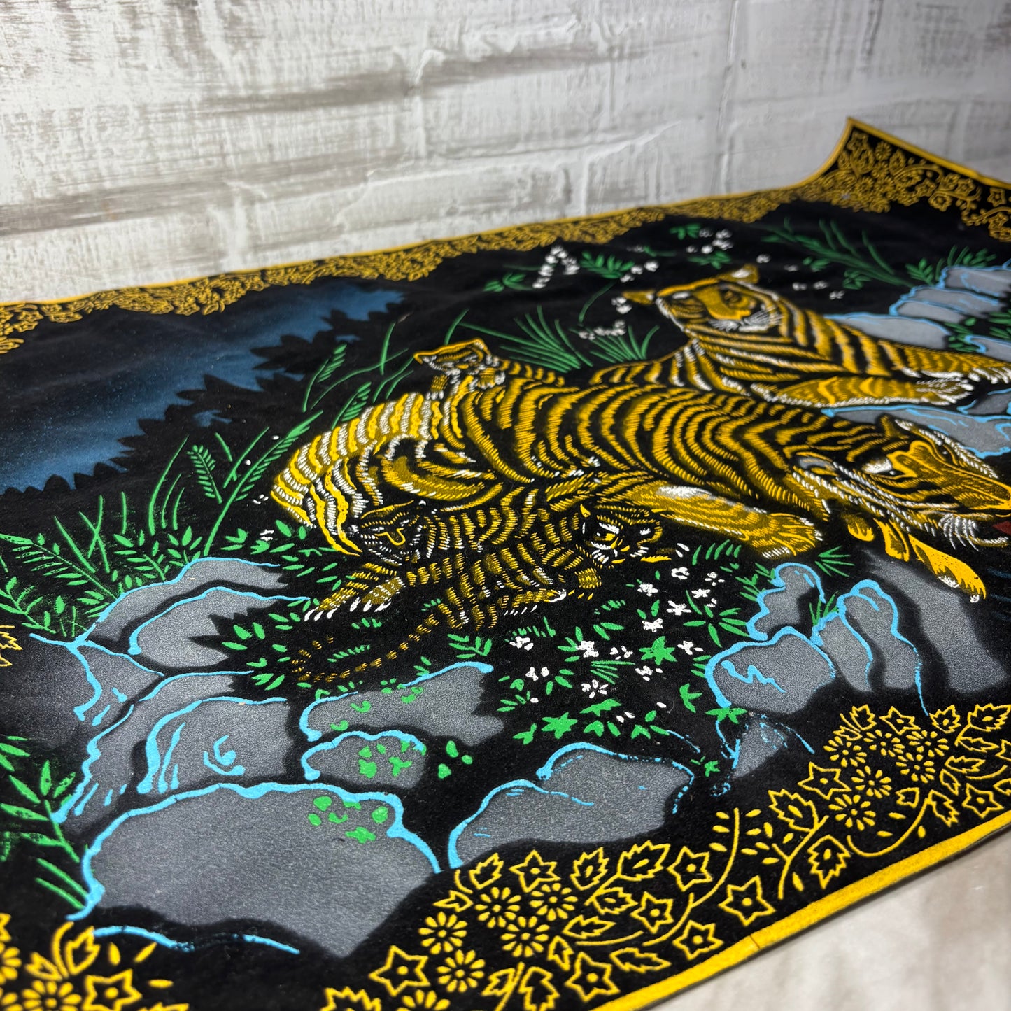 Vintage Black Velvet Tiger By Water Stream Tapestry