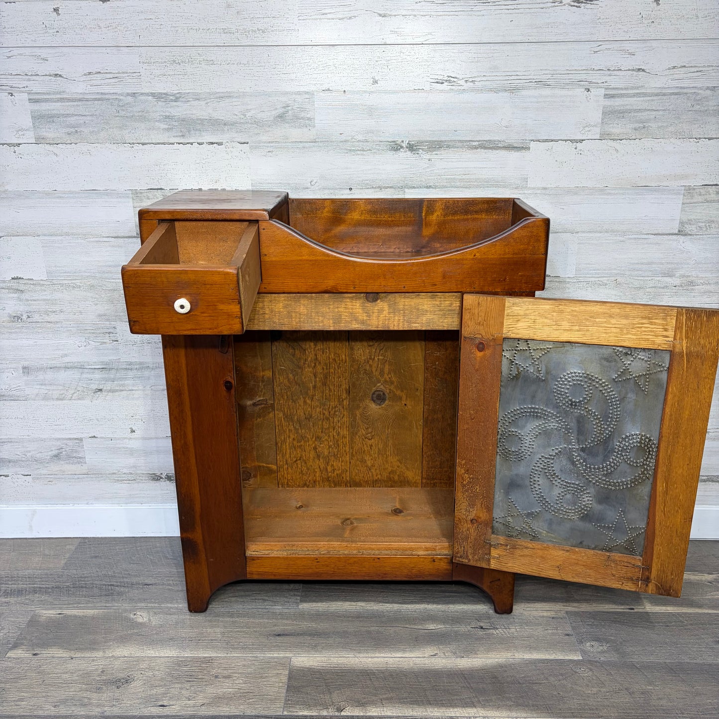 Antique Punched Tin Dry Sink Cabinet