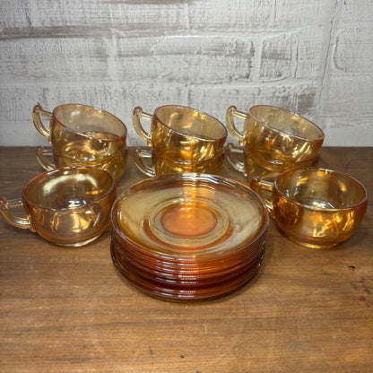 Vintage Jeanette Glass Marigold Iridescent Carnival Glass Teacups And Saucers Set