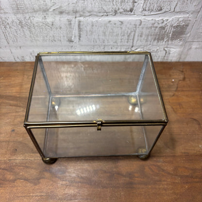 Vintage Brass Glass Jewelry Footed Trinket Box