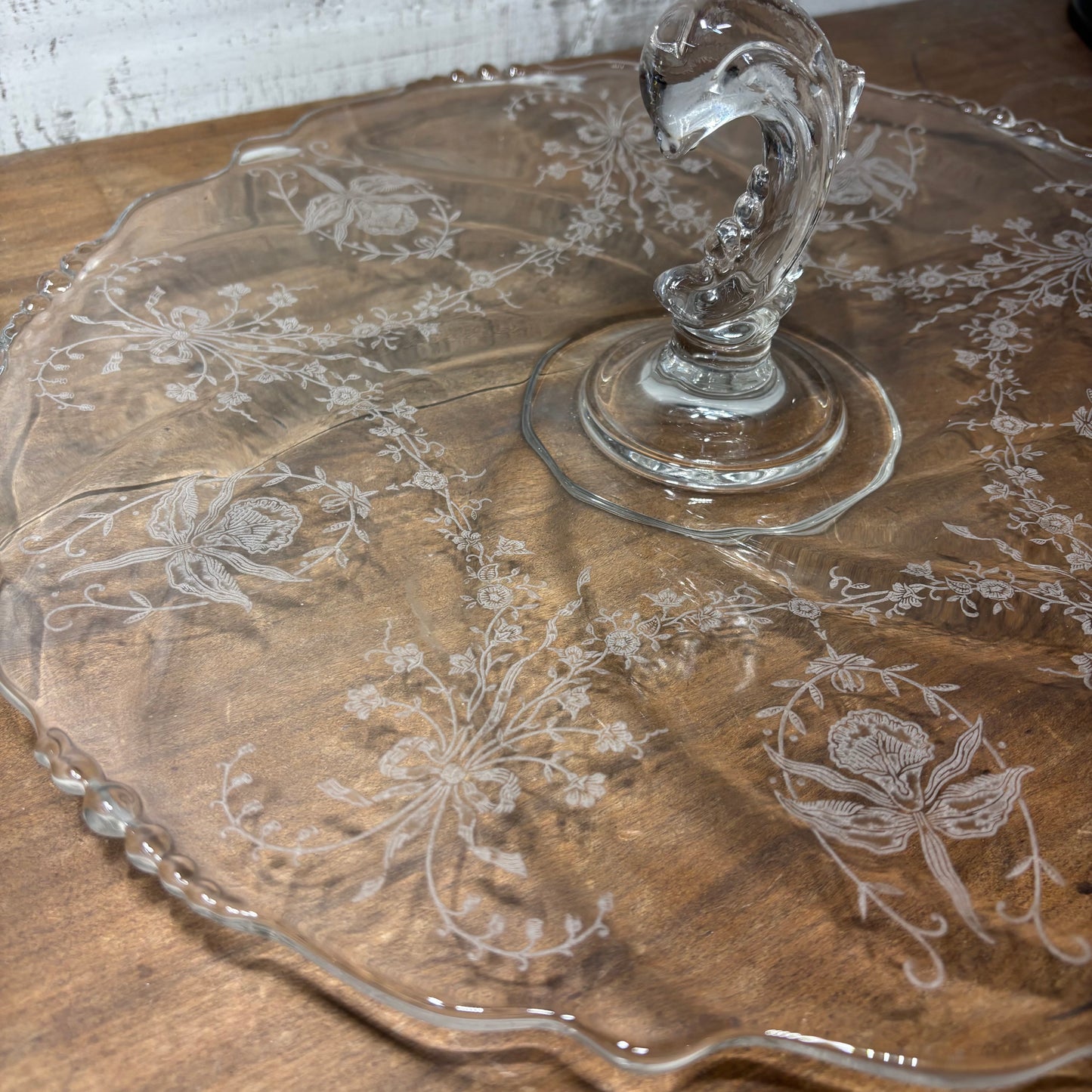 Heisey Orchid Waverly Etched Detail Sandwich Server/ Handled Tray