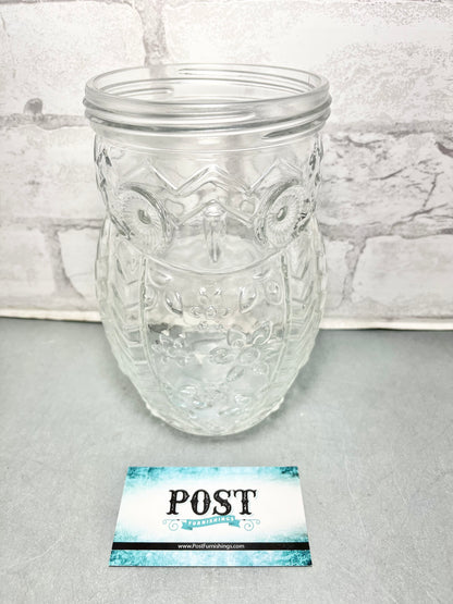 Owl Canister Glass Jar W/ Silver Screw On Lid