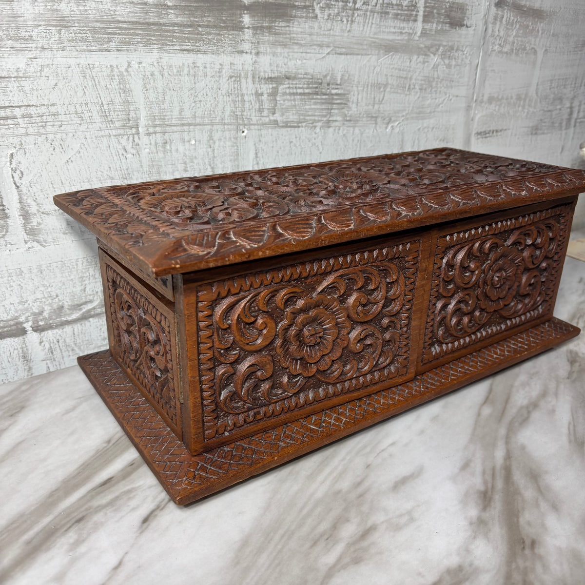Vintage Carved Wooden Jewelry Chest