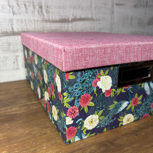 Pink & Blue Floral Peacock Design Storage Box