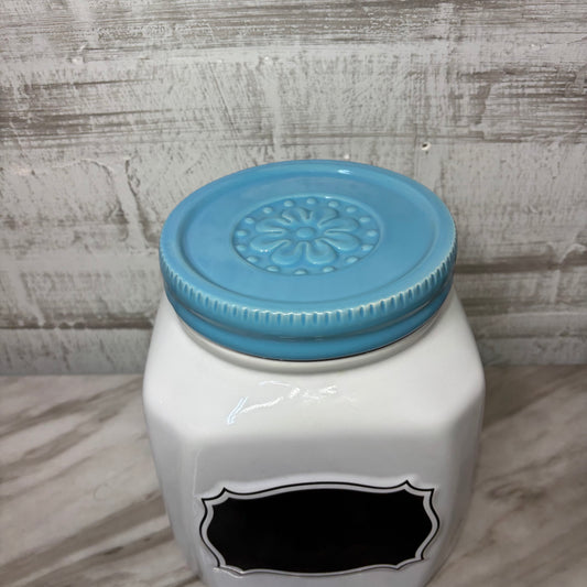 Small White Ceramic Canister W/ Blue Lid Chalkboard Label