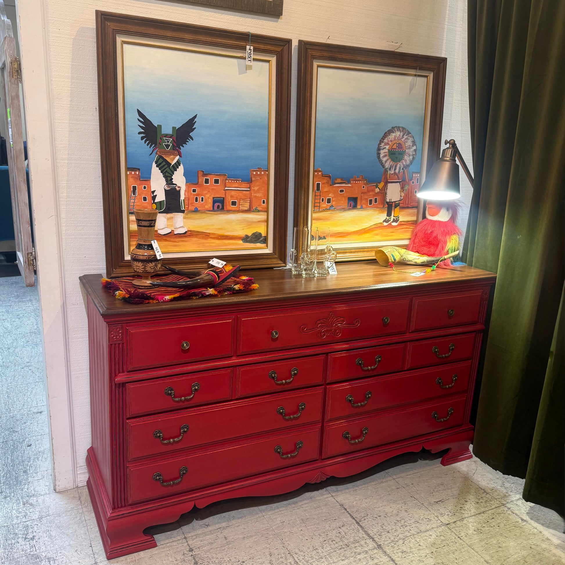 Barn Red Dresser, Buffet or TV Stand with Dark Stained Top