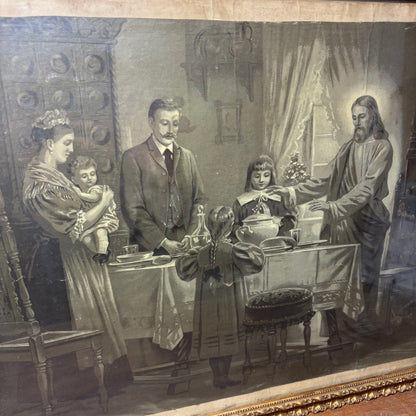 Framed Antique Print “Jesus Blessing Meal with Victorian Family at Dinner Table”