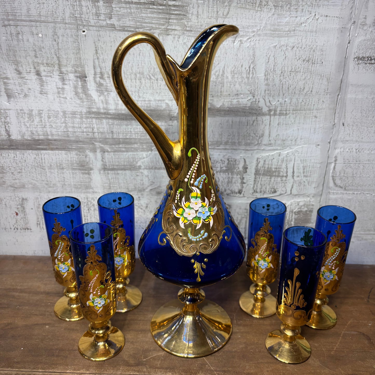 Vintage Venetian Italian Colbalt Blue Hand painted Decanter and Six Glasses