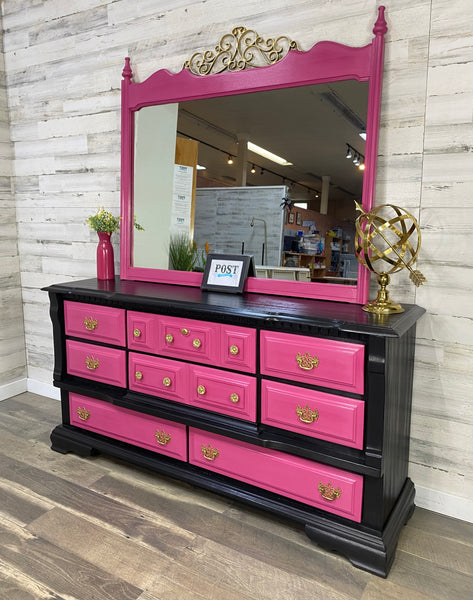 Hot Pink & Black Dresser W/ Mirror