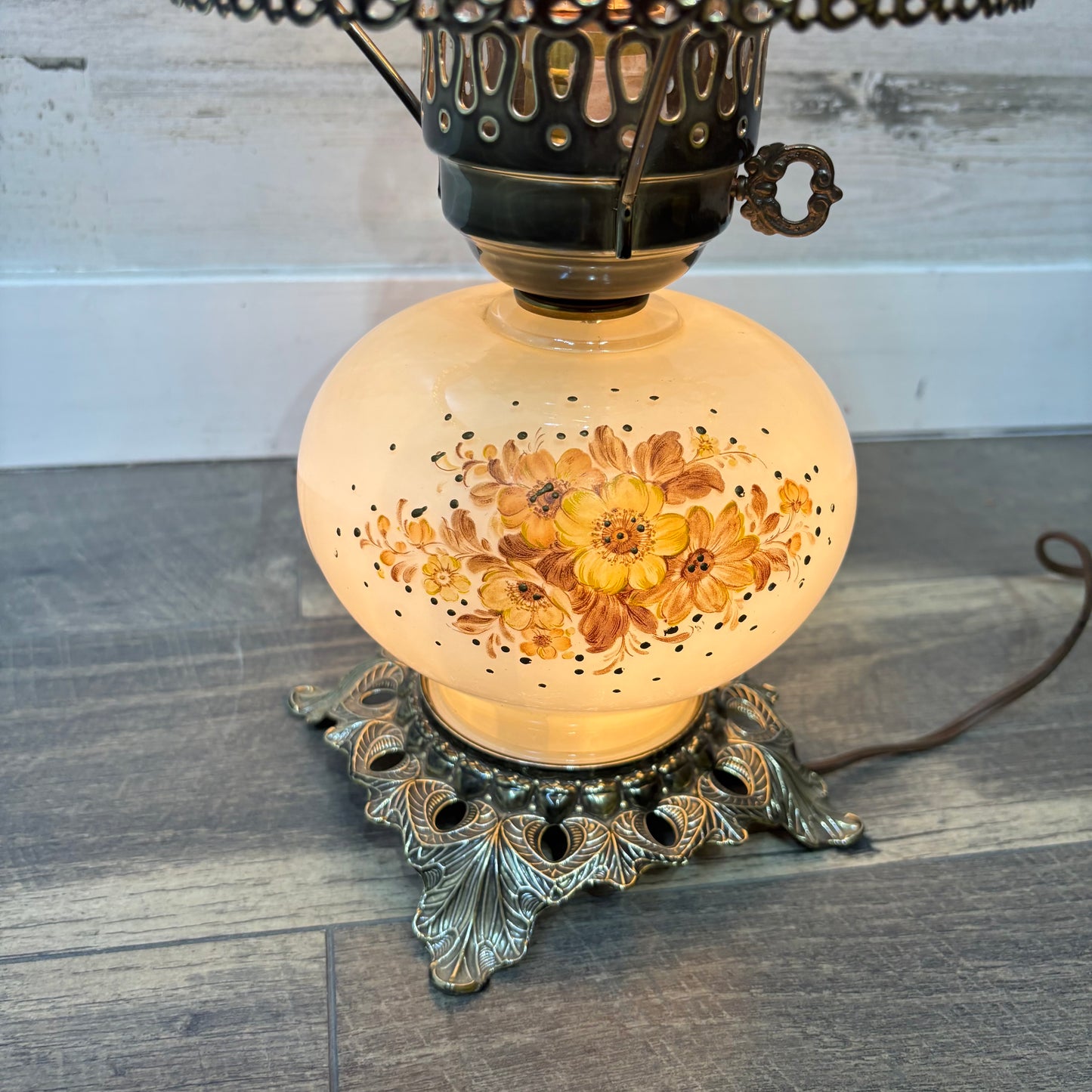 Vintage Floral Milk Glass Hurricane Lamp