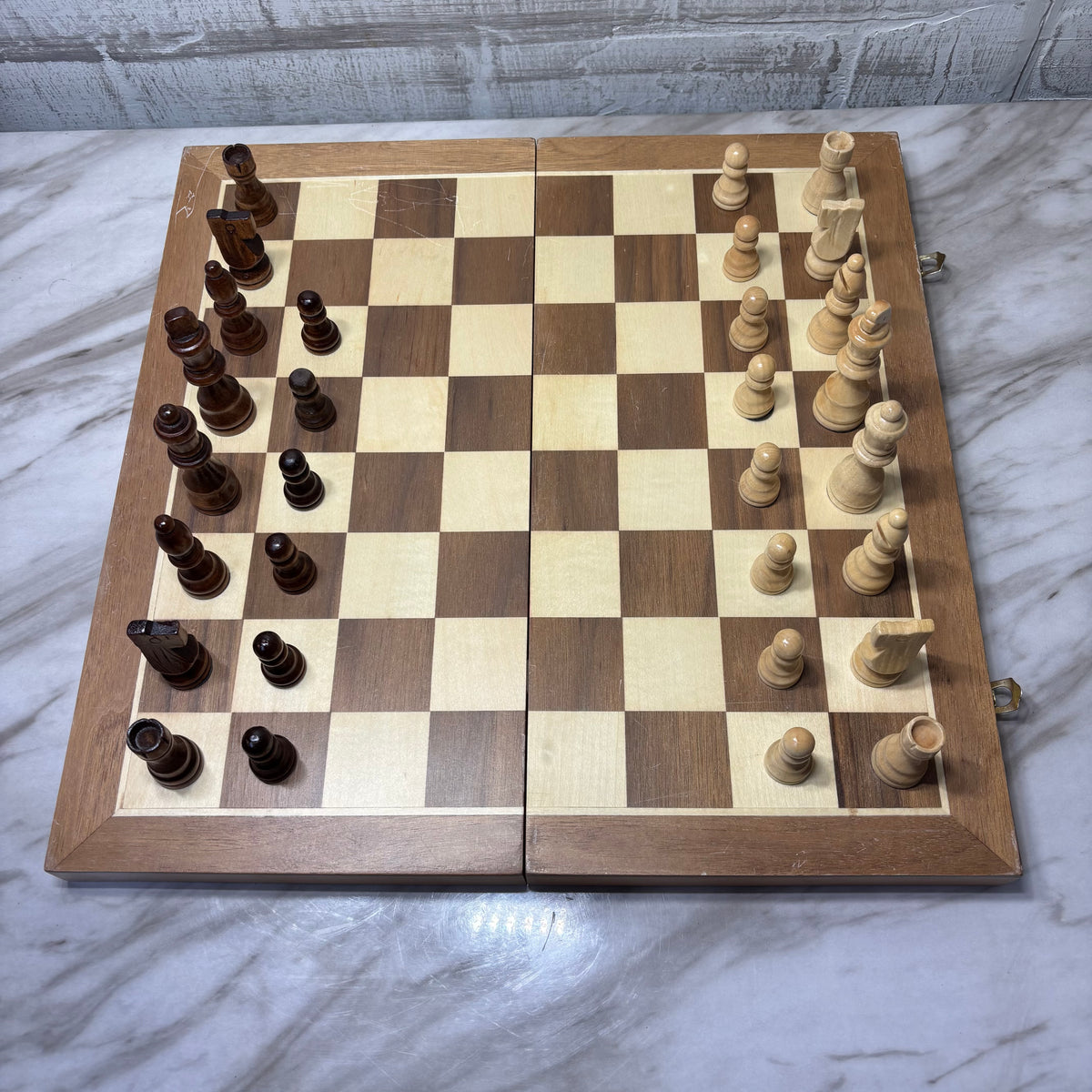 Vintage Wooden Folding Travel Chess Board with Pieces