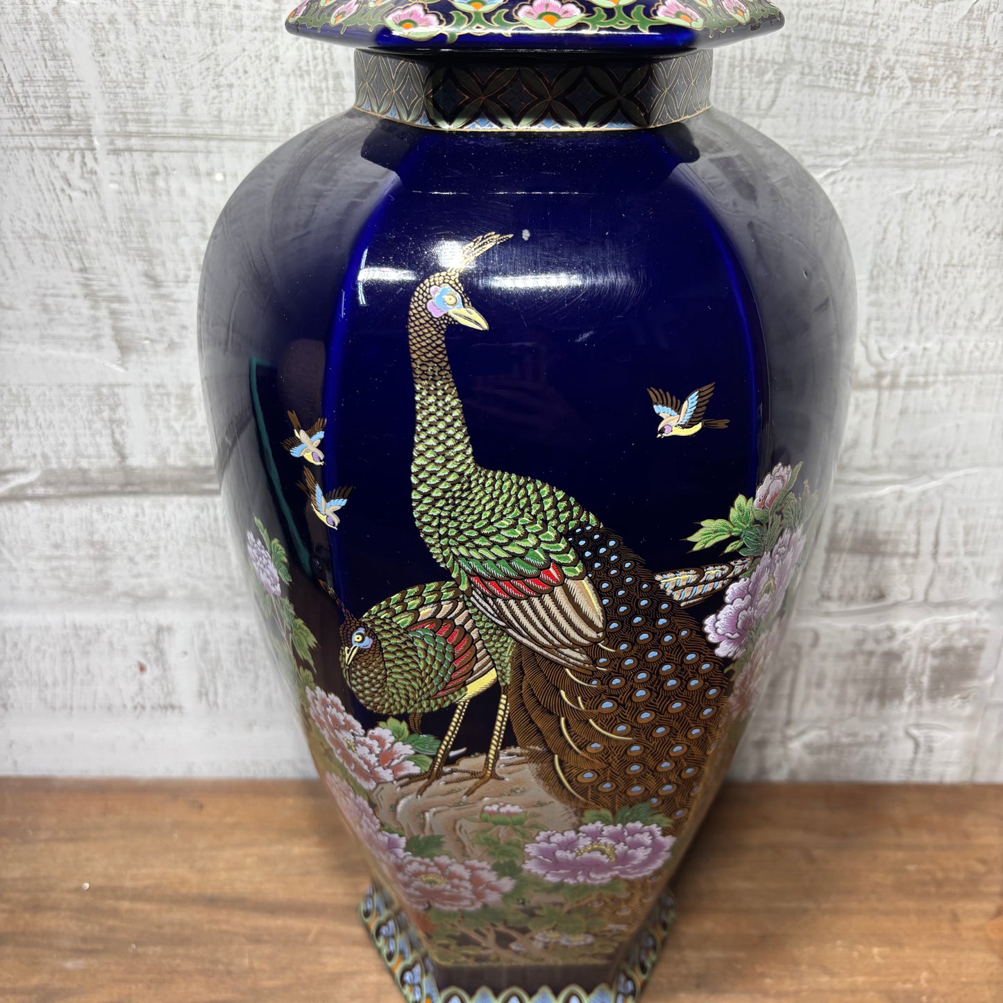 Vintage Japanese Peacock Design Cobalt Blue Vase With Lid