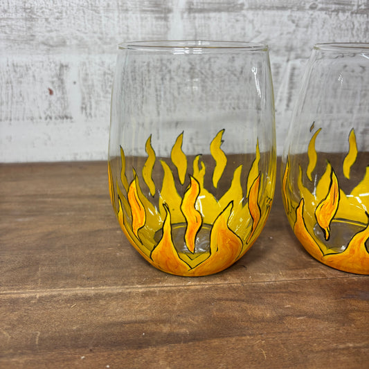 Hand Painted Flames Stemless Wine Glasses Set