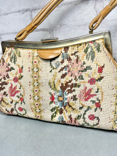 Mid-Century Embroidered Needlepoint Floral Tapestry Handbag
