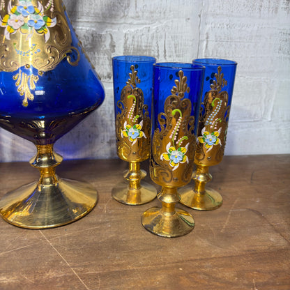 Vintage Venetian Italian Colbalt Blue Hand painted Decanter and Six Glasses