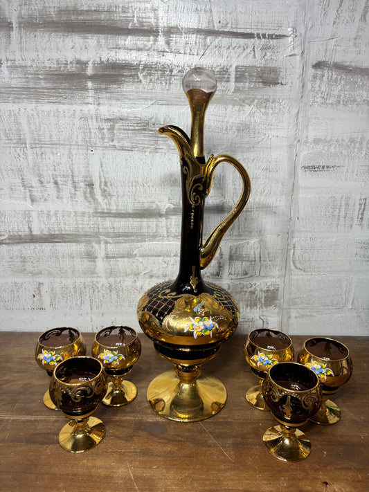Vintage Venetian Italian Amethyst Hand painted Decanter and Six Cordial Glasses