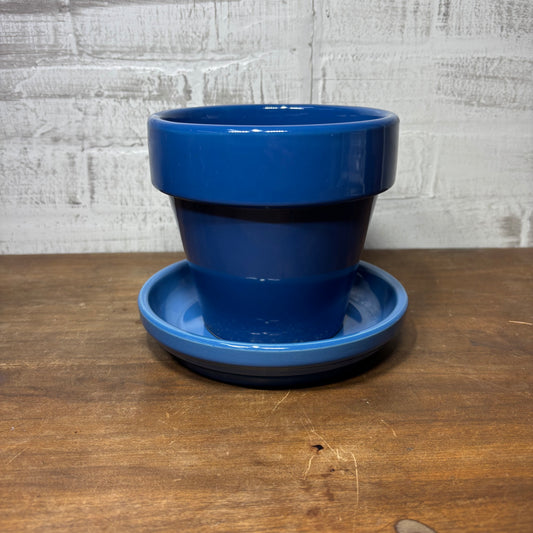 Blue Ceramic Planter Pot W/ Saucer