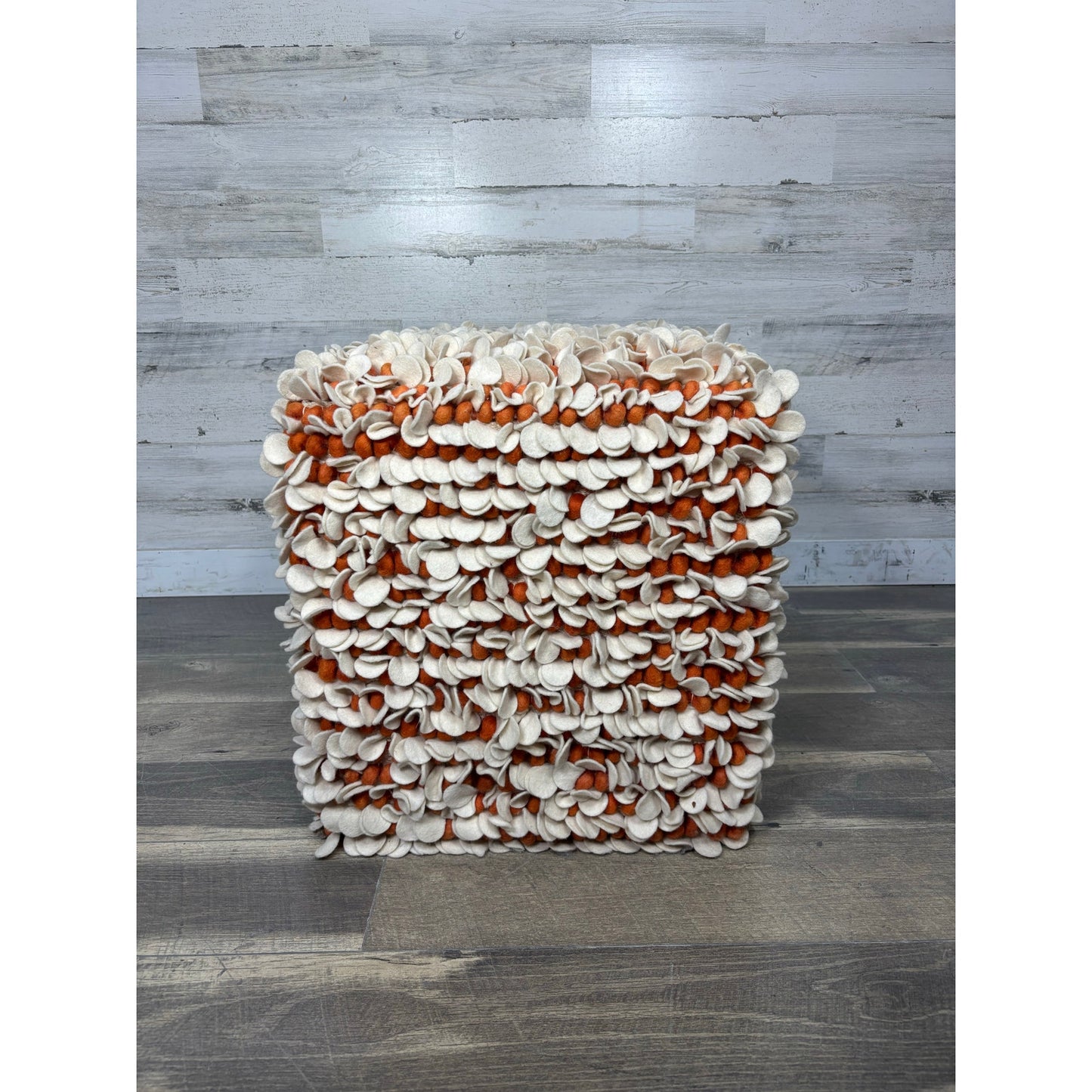 Modern Wool Pouf White & Orange