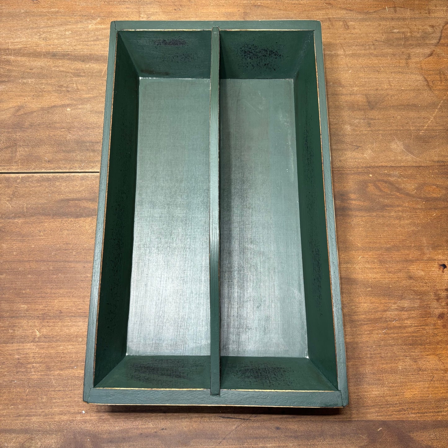 Rustic Green Wooden Serving Tray with Handle Cutout