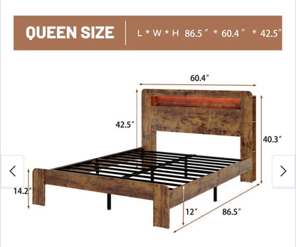 Wood Platform Queen Bed Frame with Illuminated Headboard, Charging Station, No Box Spring Needed, Dark Brown New