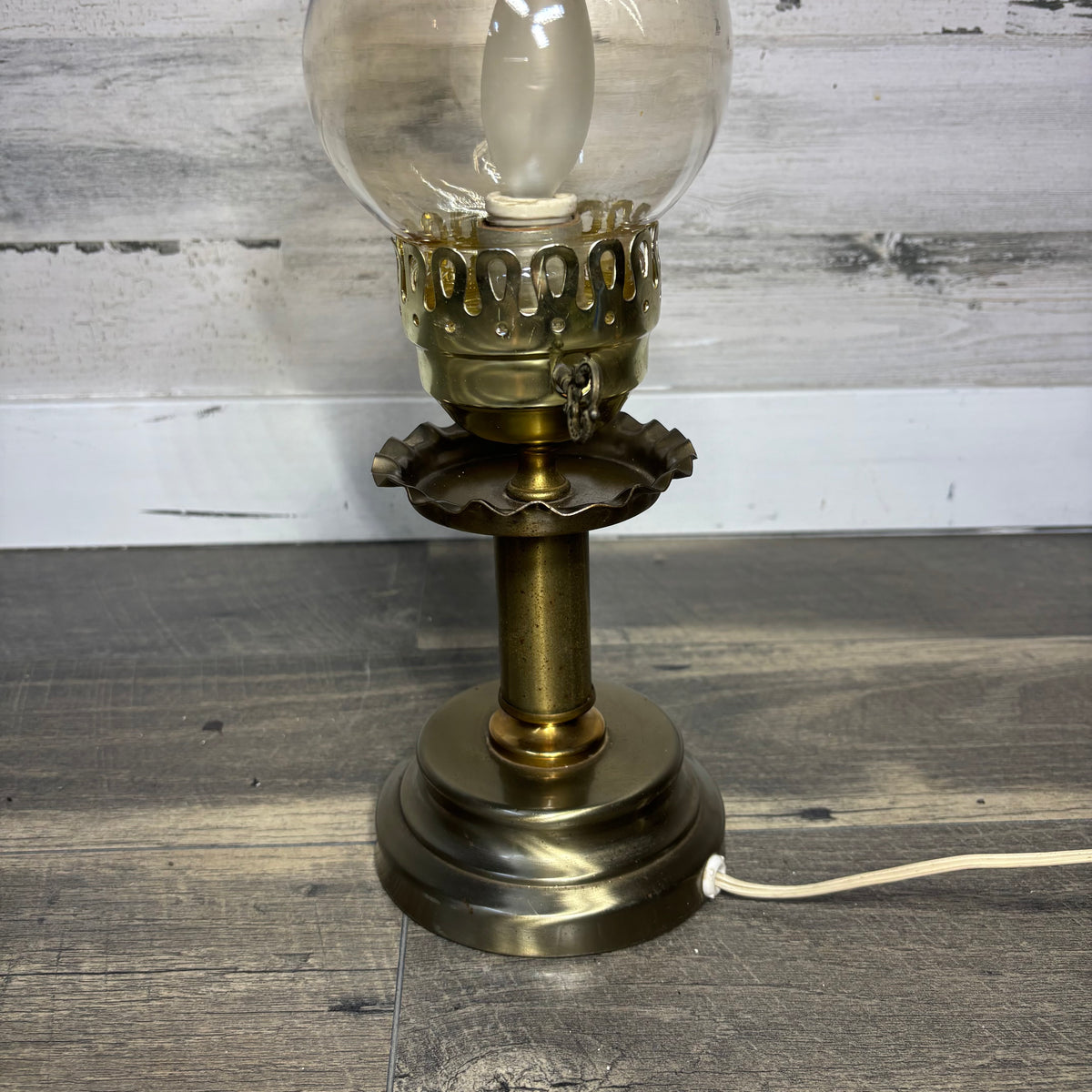 Vintage Style Gold Tone Amber Glass Electric Hurricane Lamp