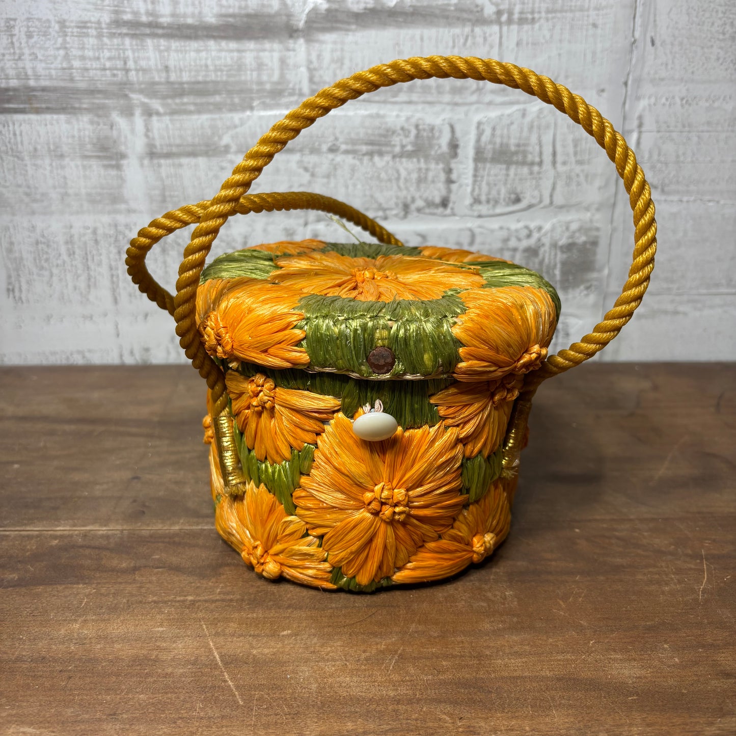 Vintage Orange Flower Raffia Straw Tote Cabana Bag