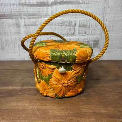 Vintage Orange Flower Raffia Straw Tote Cabana Bag