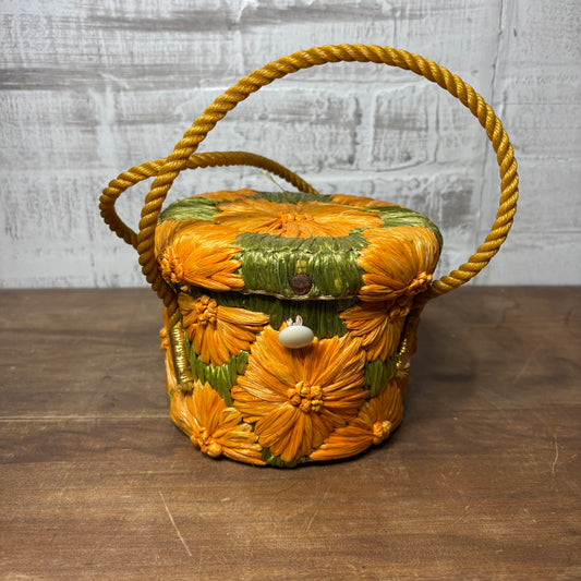 Vintage Orange Flower Raffia Straw Tote Cabana Bag