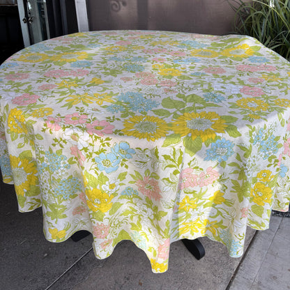 Vintage 1970s Pastel Floral Round Tablecloth