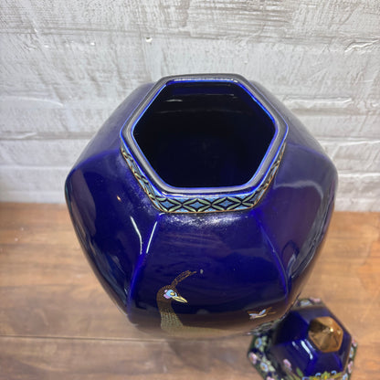 Vintage Japanese Peacock Design Cobalt Blue Vase With Lid