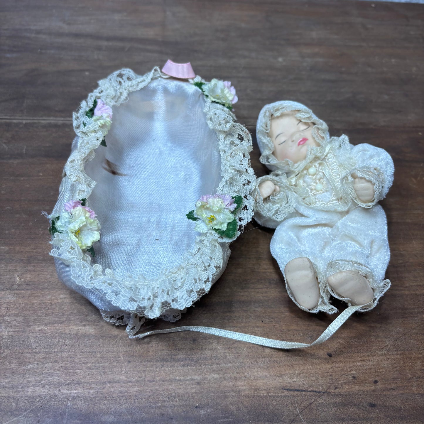 Vintage Porcelain Baby Doll in Bassinet Wicker Crib Basket