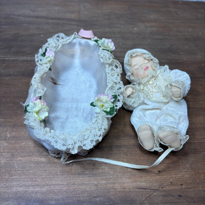 Vintage Porcelain Baby Doll in Bassinet Wicker Crib Basket