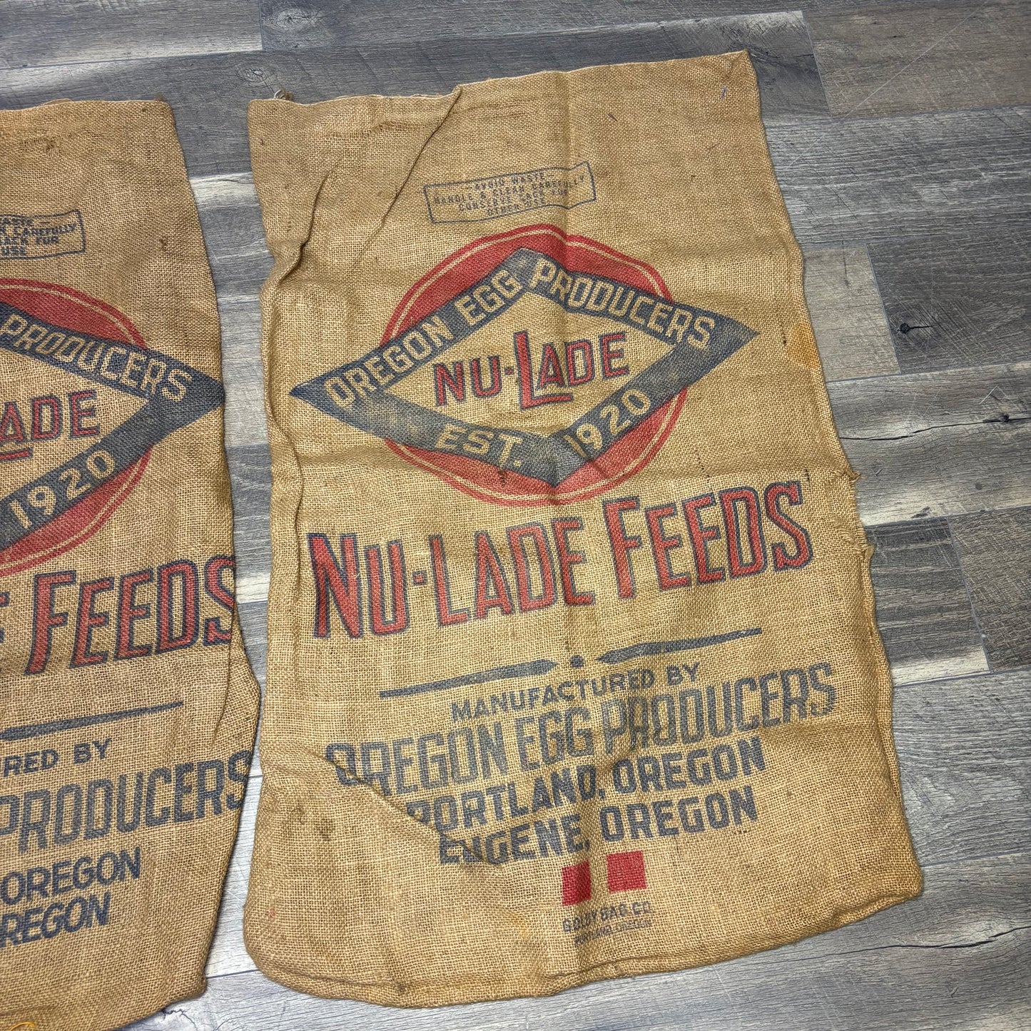 Two Vintage Burlap Sacks Oregon Egg Production "Nu-Lade Feeds"