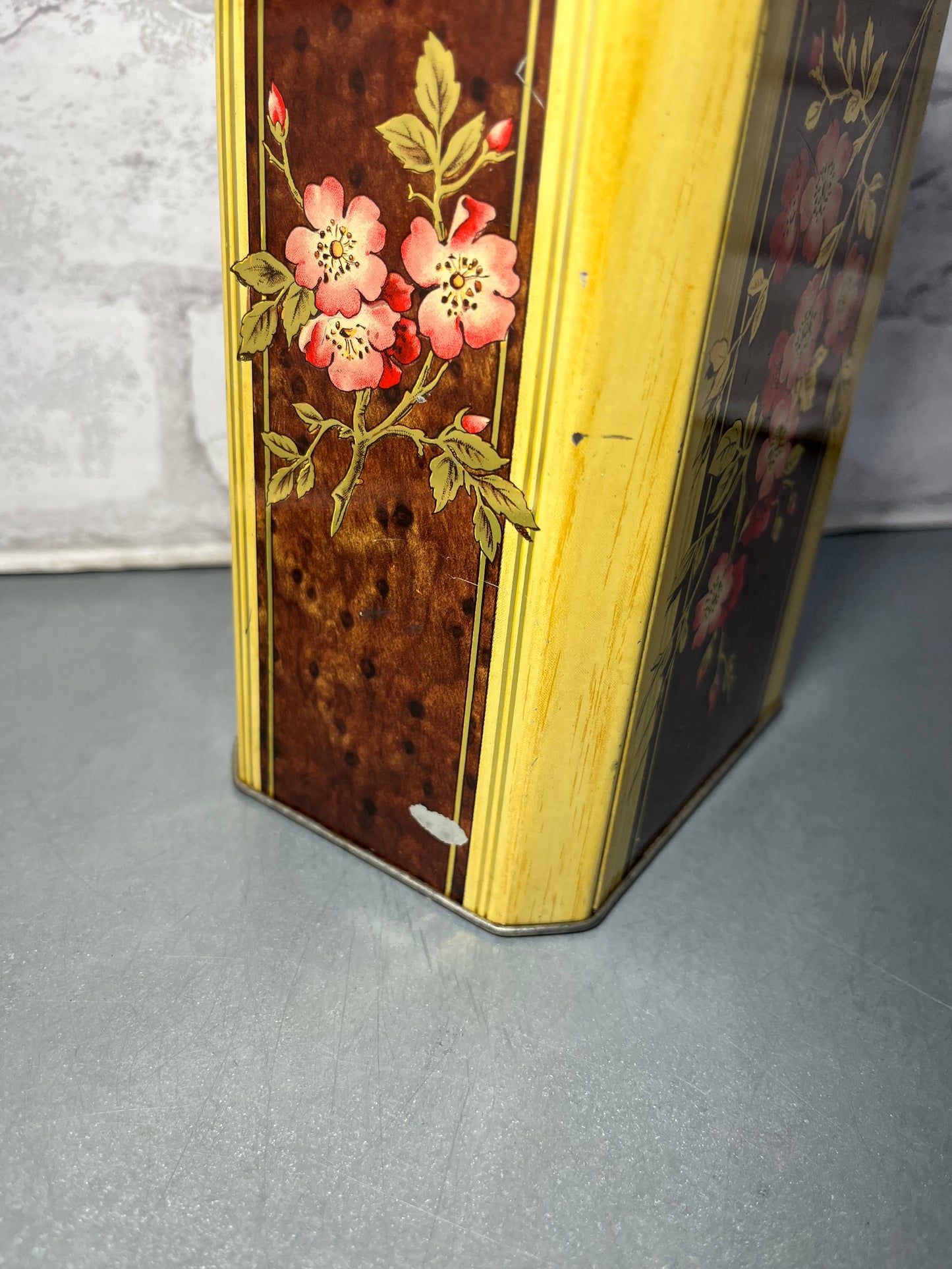 Vintage Tall Floral Pattern Tin W/ Hinge Lid