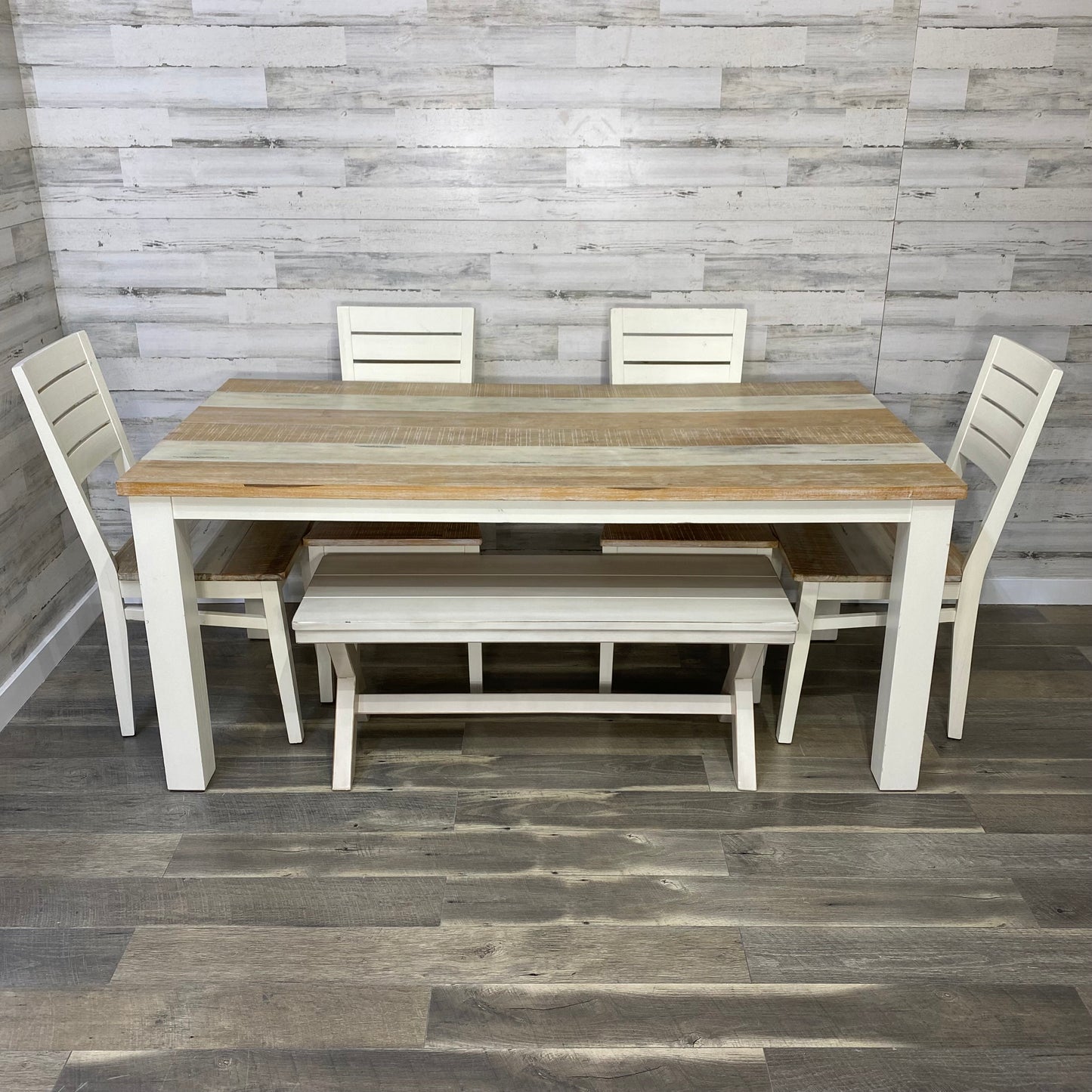 Farmhouse White Dining table, Chairs, & Bench