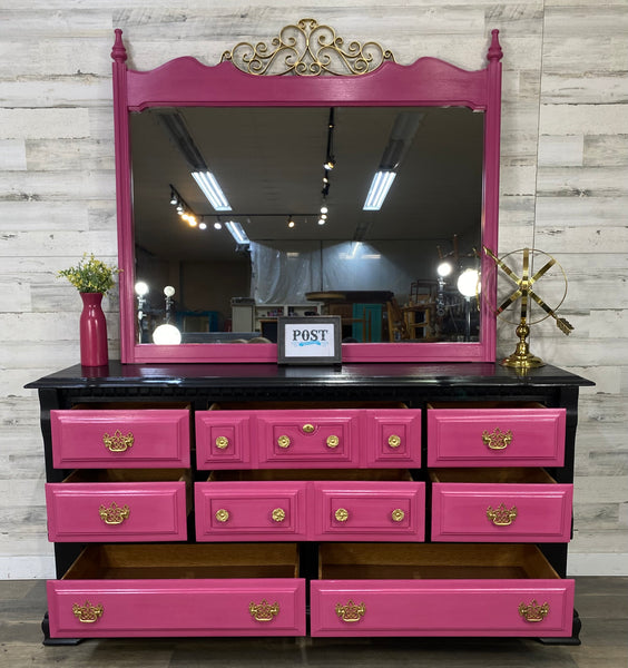 Hot Pink & Black Dresser W/ Mirror