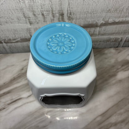 White Ceramic Canister W/ Blue Lid Chalkboard Label-Large