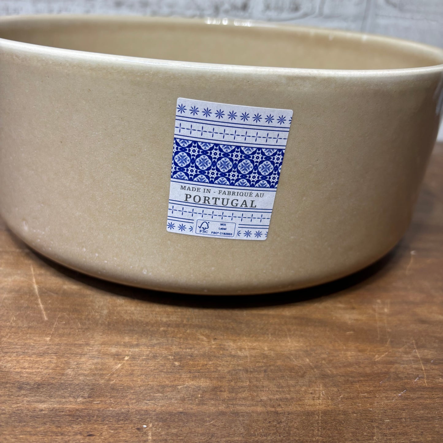 Large Beige Stoneware Bowl Made In Portugal