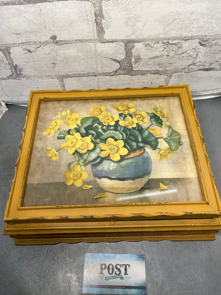 Refurbished Antique Yellow Wooden Floral Jewelry Box