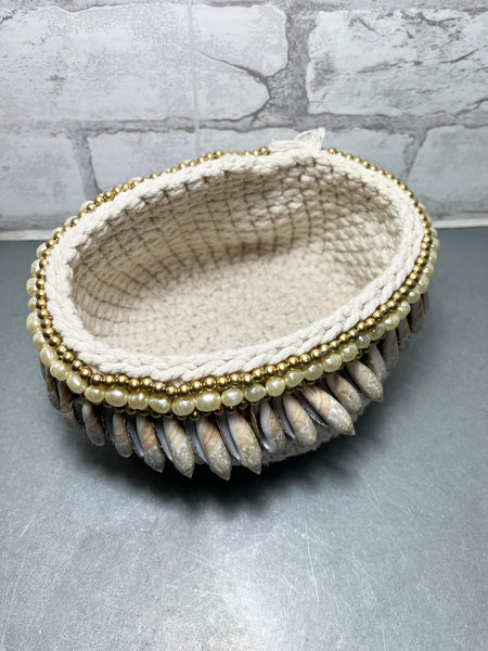 Crochet Basket W/ Shell and Pearl Detailing