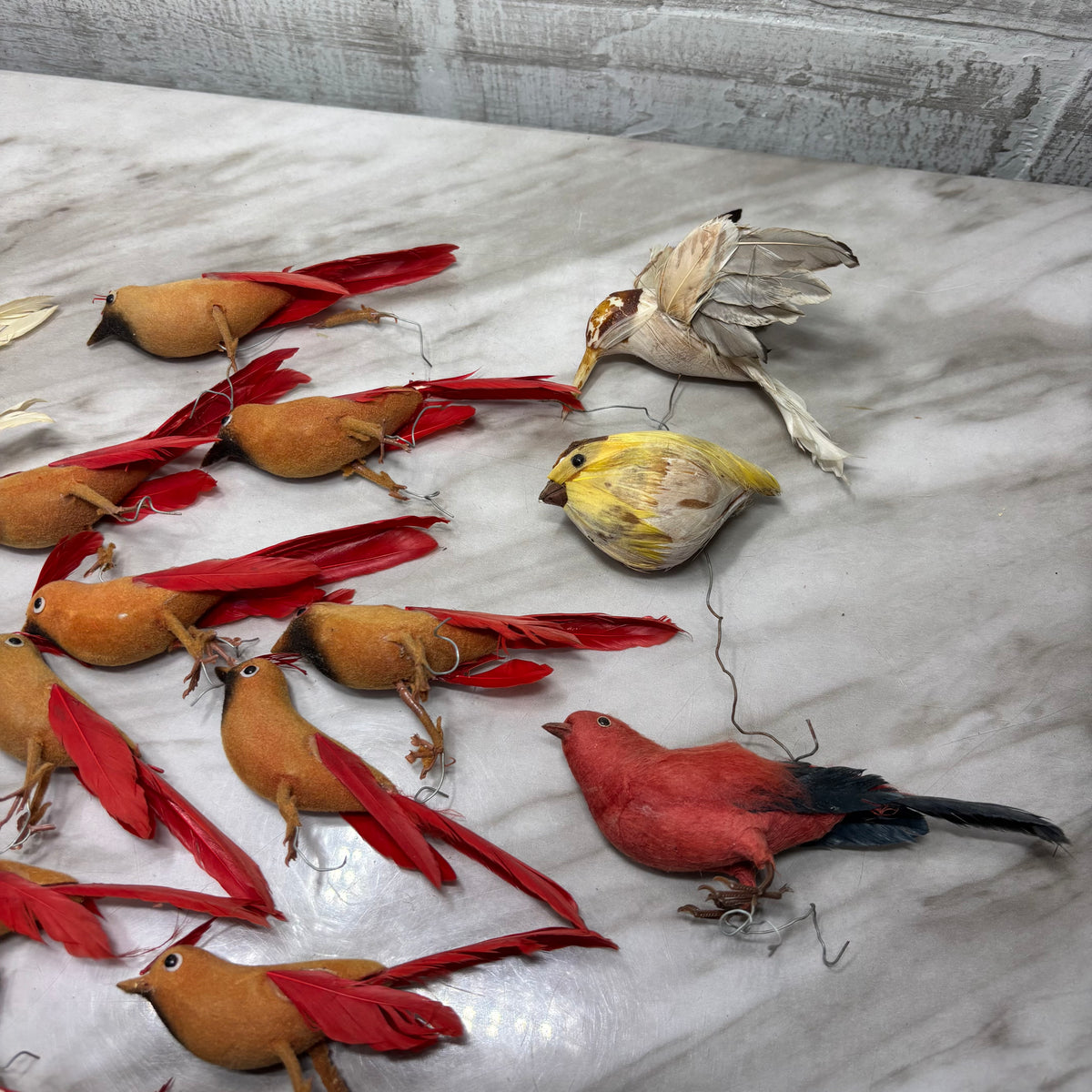 Vintage and Antique Feathered and Flocked Bird Ornament Lot