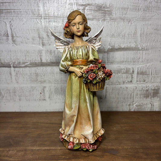 Decorative Angel Figurine W/ Basket Of Roses