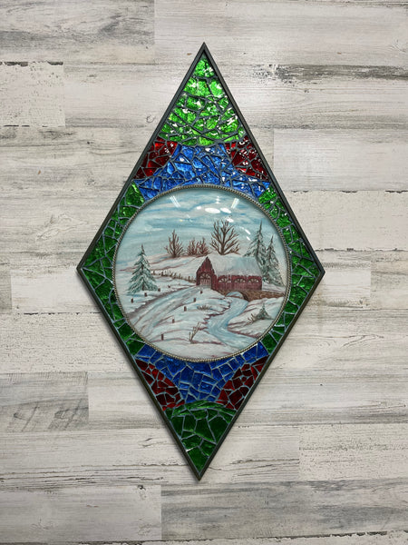 Stain Glass Winter Barn Painting