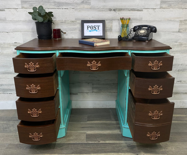 Antique Teal & Dark Wood Desk