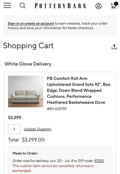 Pottery Barn Comfort Down Sofa Couch 92"