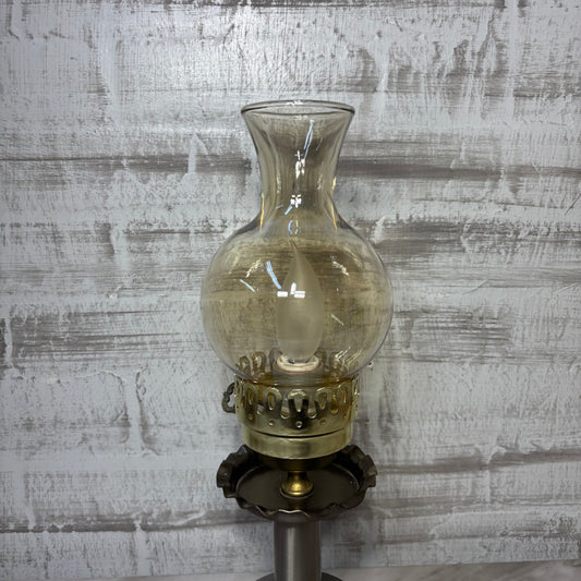 Vintage Style Silver Hurricane Electric Table Lamp with Amber Glass
