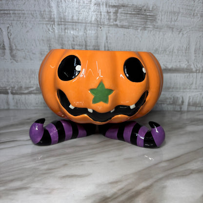 Ceramic Jack O Lantern Candy Dish W/ Witch Feet